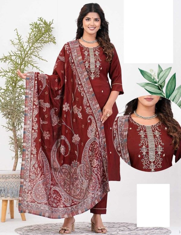 Red Roman Silk Full Stitch Embroidery Plus Size Suits with Muslin Dupatta 05