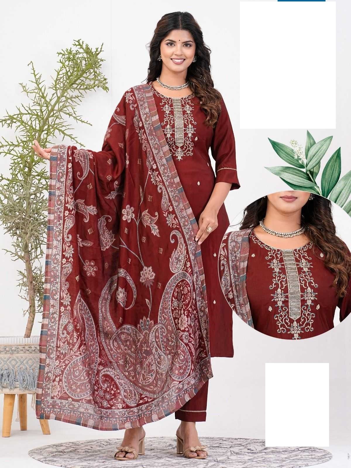 Red Roman Silk Full Stitch Embroidery Plus Size Suits with Muslin Dupatta 05
