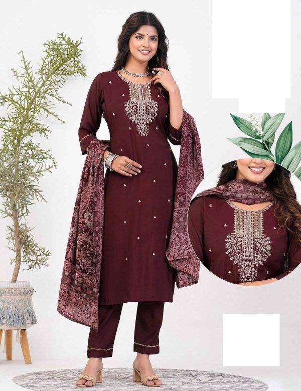 Maroon Roman Silk Full Stitch Embroidery Plus Size Suits with Muslin Dupatta 06