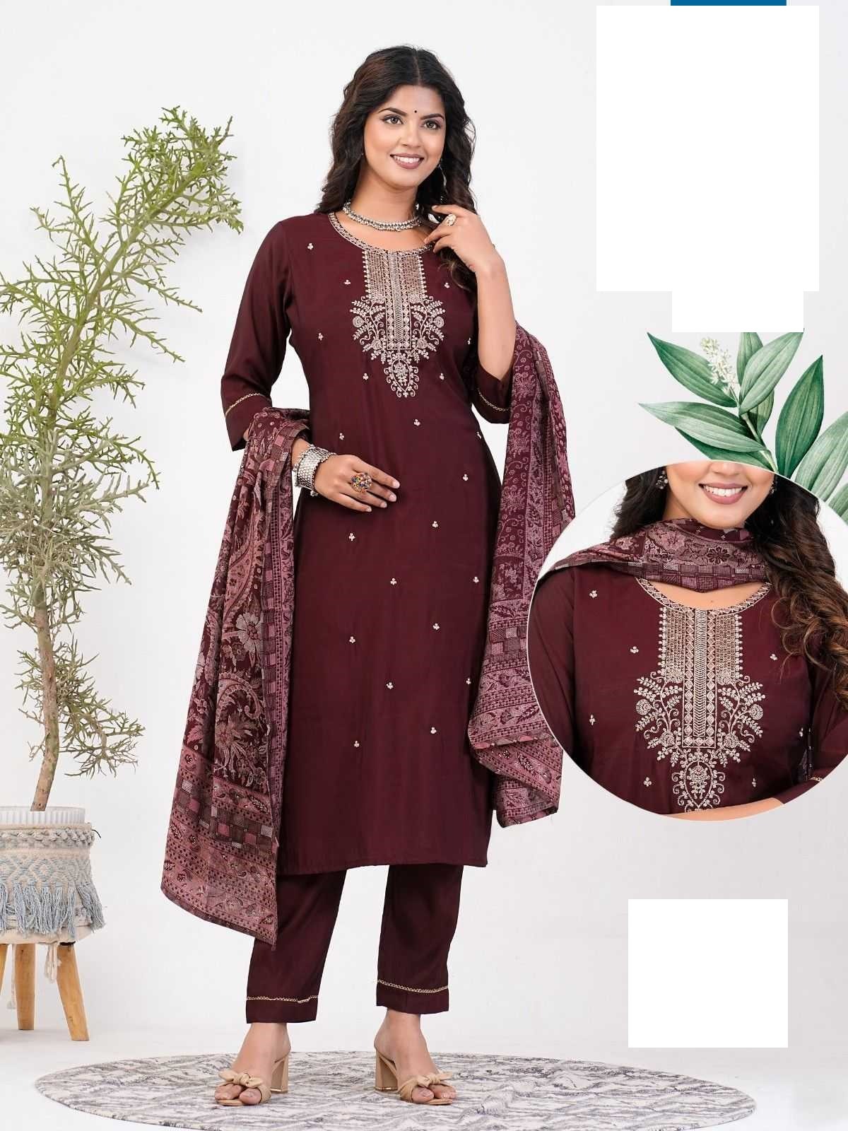 Maroon Roman Silk Full Stitch Embroidery Plus Size Suits with Muslin Dupatta 06