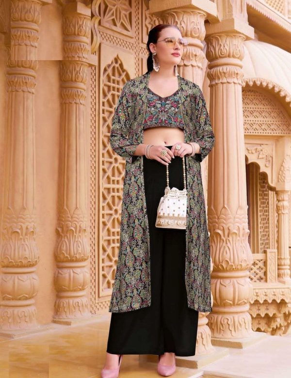 Wedding Collection Roman Silk Indowestern Crop Top, Pant & Printed Shrug Set 8001