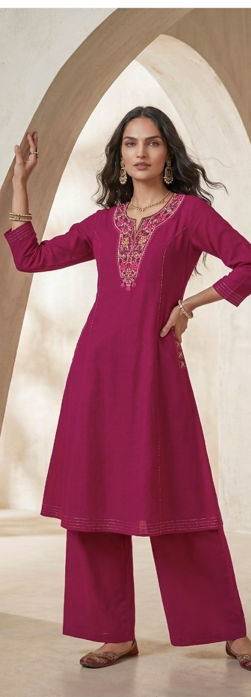Linen Cotton Casual Wear A Line Kurta Pant Set 101