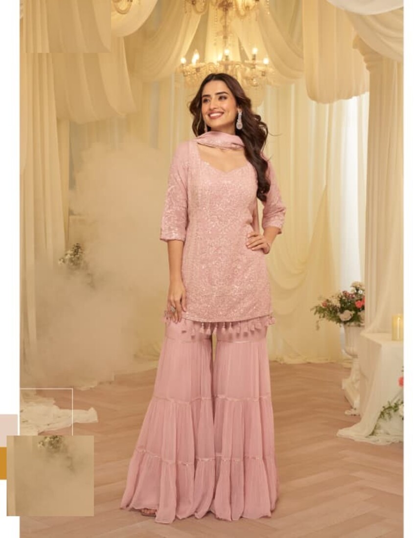 Baby Pink Georgette Full Stitched Sharara Suits 10203