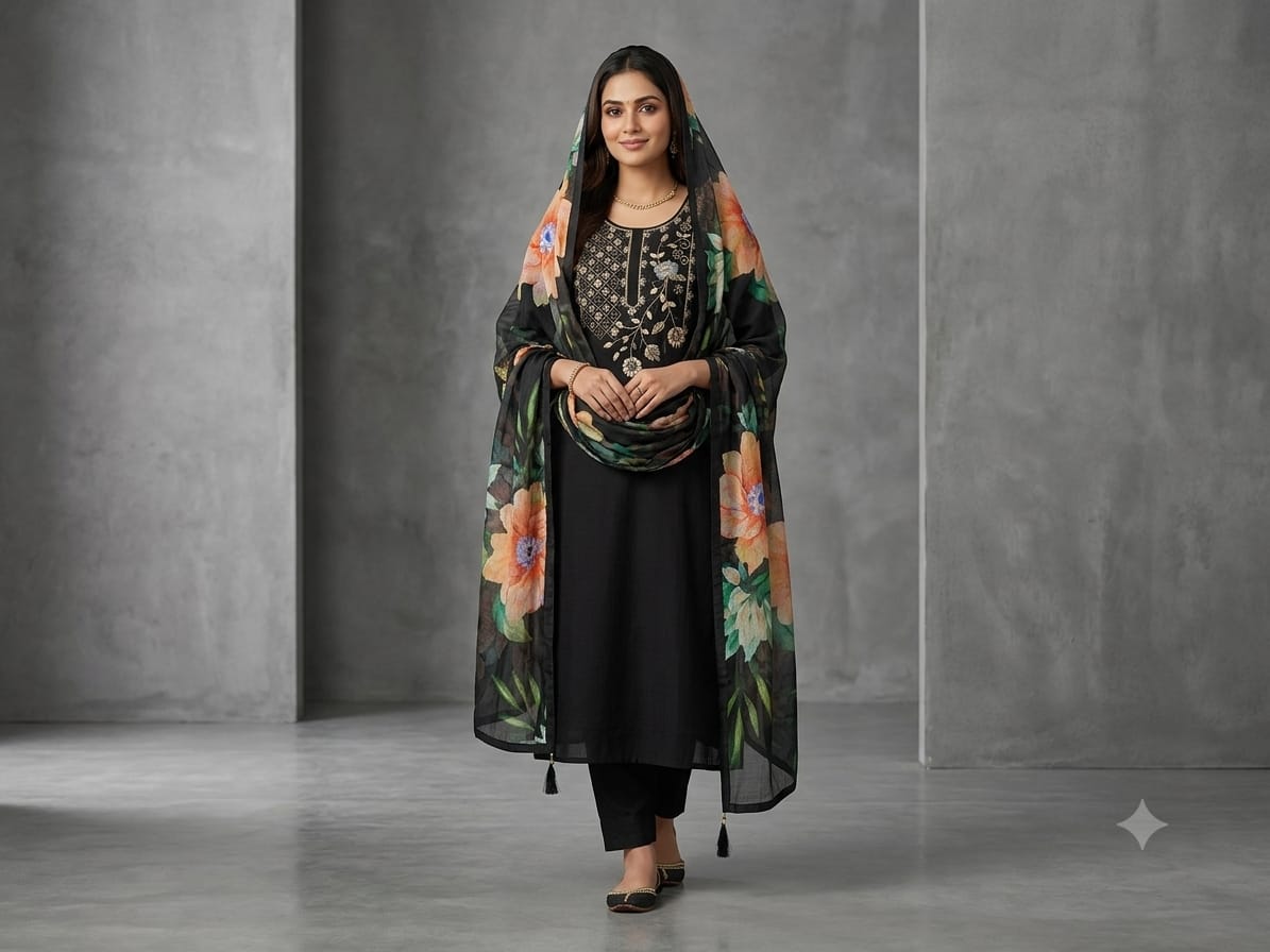 Black Festive Wear Silk Suits With Organza Dupatta 1211