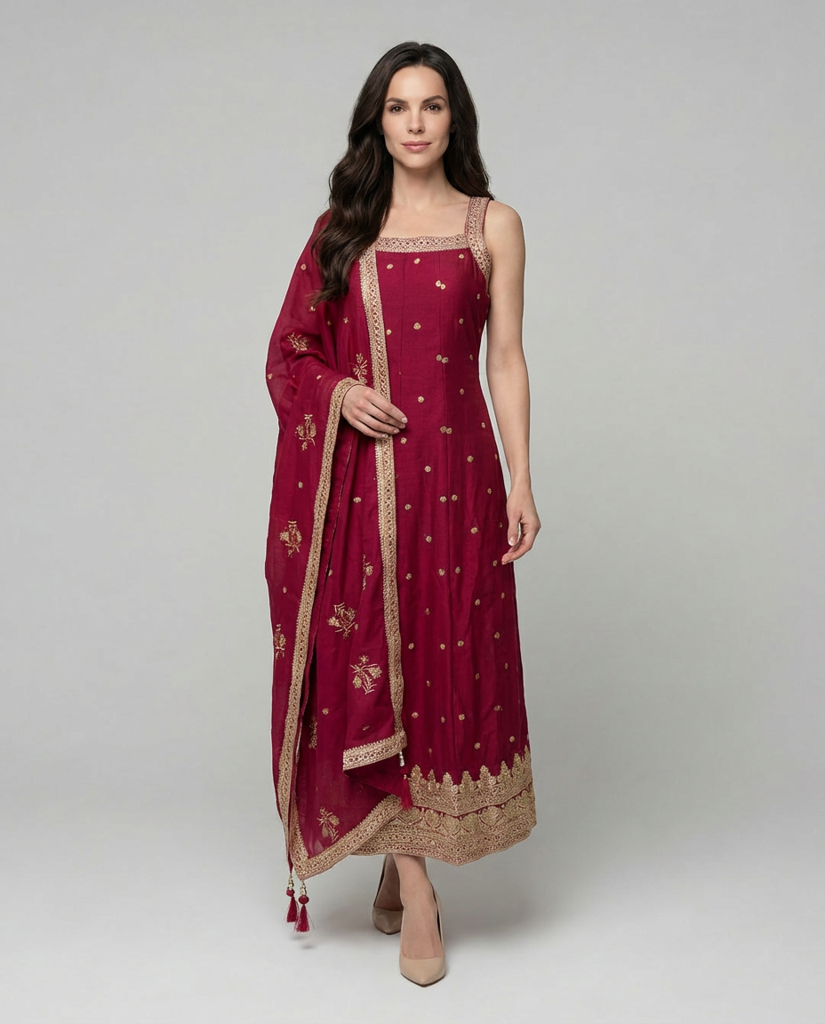 Rani Pink Sleeveless Anarkali Chinon Silk Suits 102