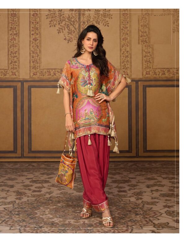 Viscose Jacquard Silk Mirror Work Kaftan With Farsi Pant And Stylish Potli 20111