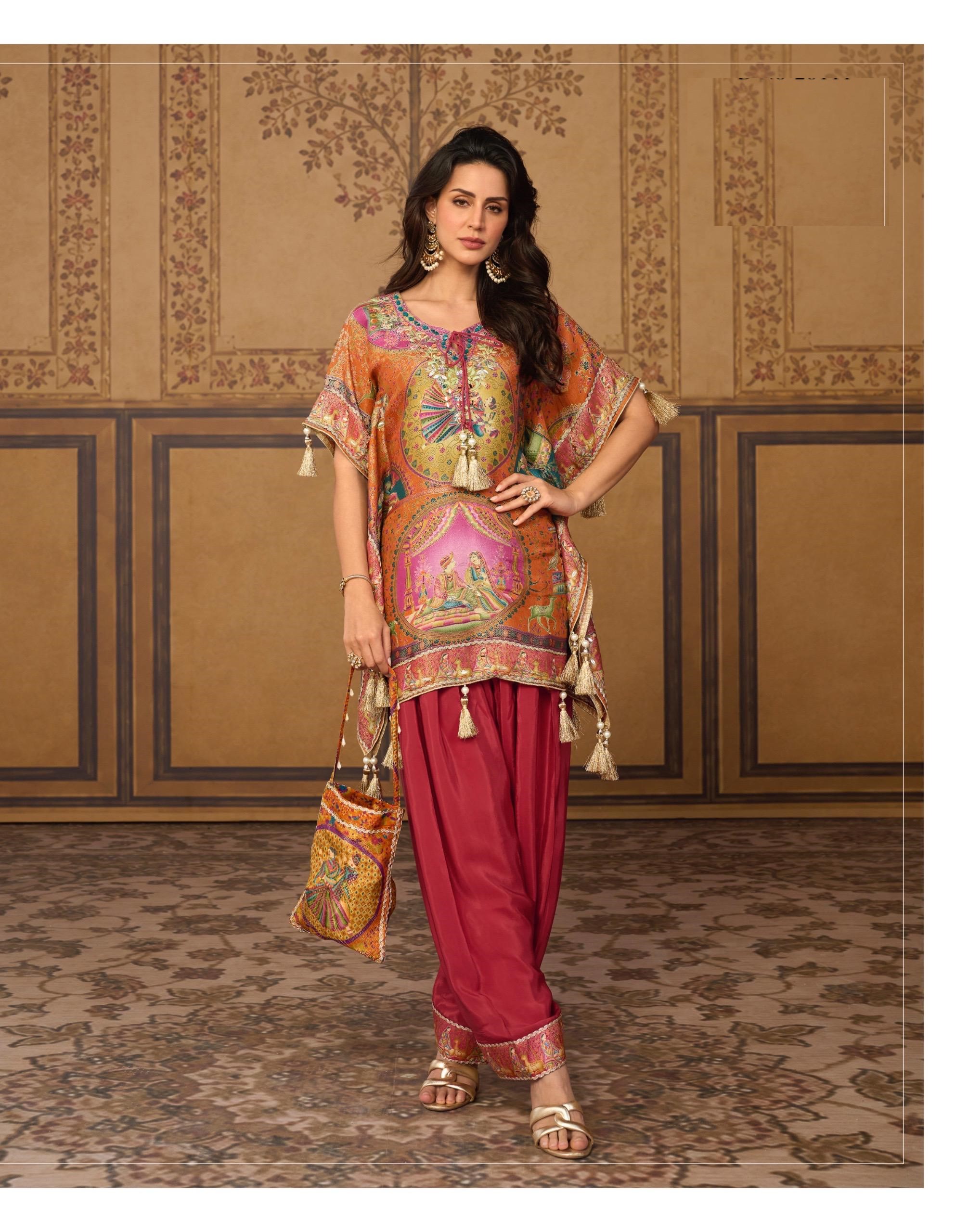 Viscose Jacquard Silk Mirror Work Kaftan With Farsi Pant And Stylish Potli 20111