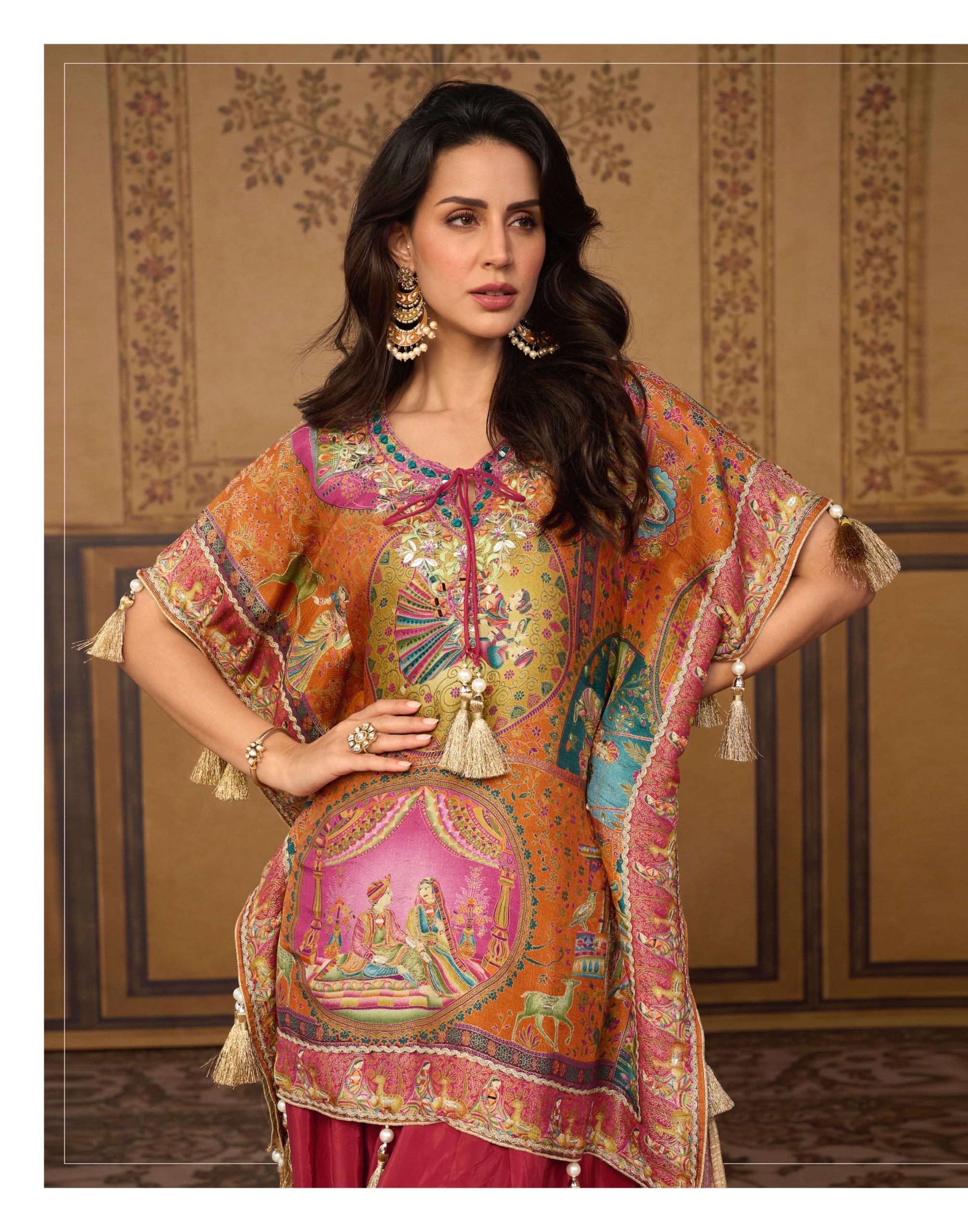 Viscose Jacquard Silk Mirror Work Kaftan With Farsi Pant And Stylish Potli 20111 - Image 2