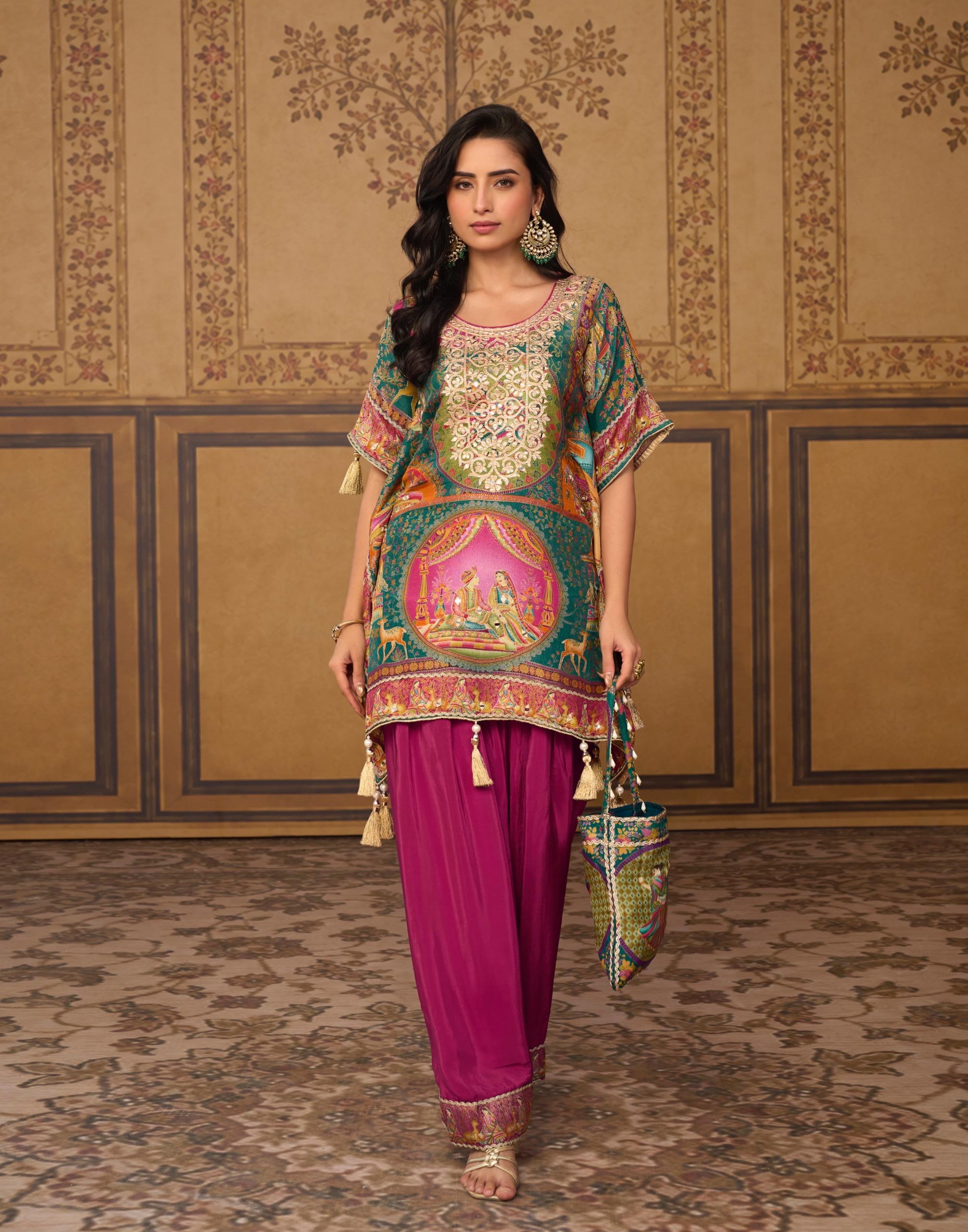 Viscose Jacquard Silk Mirror Work Kaftan With Farsi Pant And Stylish Potli 20111 - Image 3