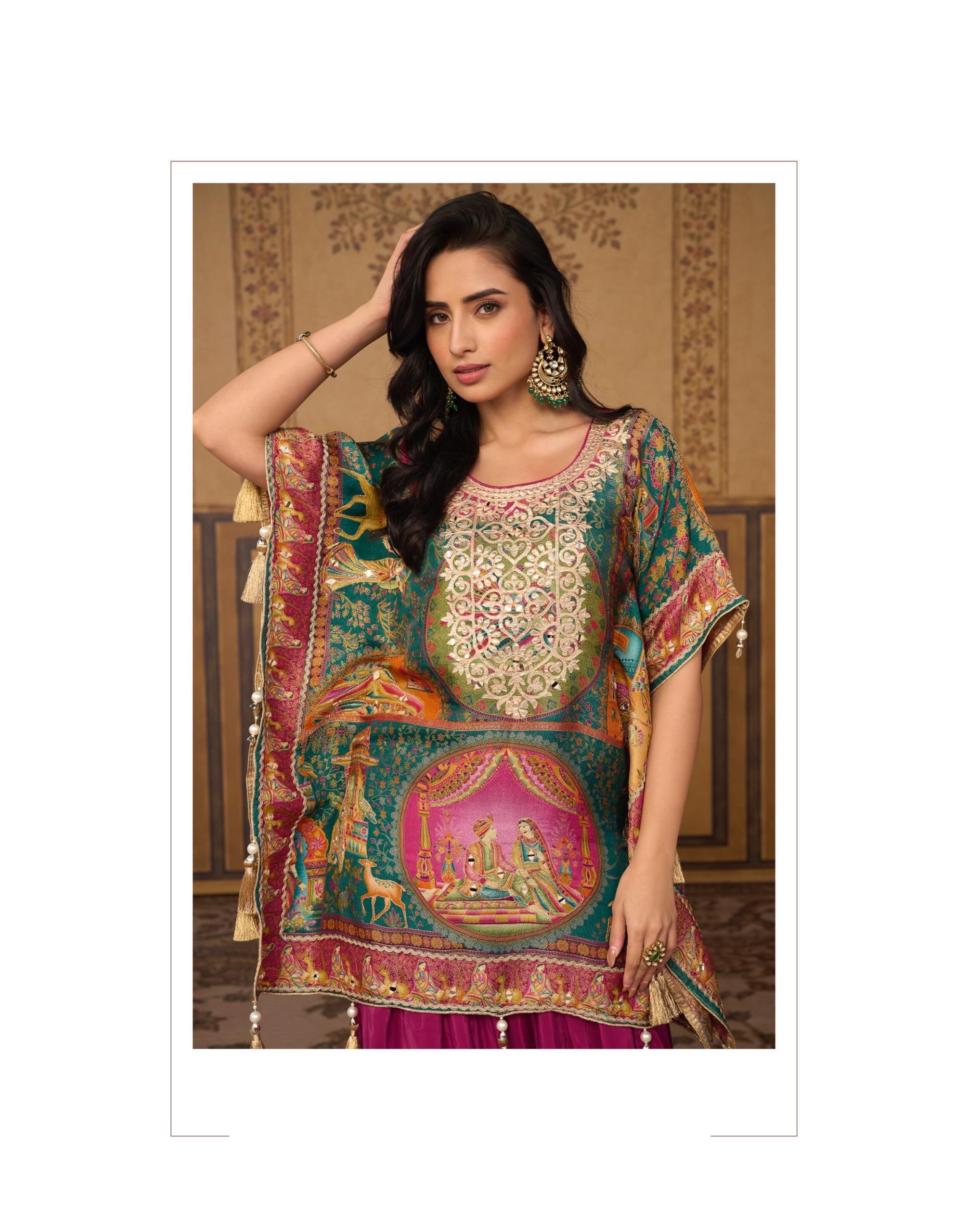 Viscose Jacquard Silk Mirror Work Kaftan With Farsi Pant And Stylish Potli 20111 - Image 4