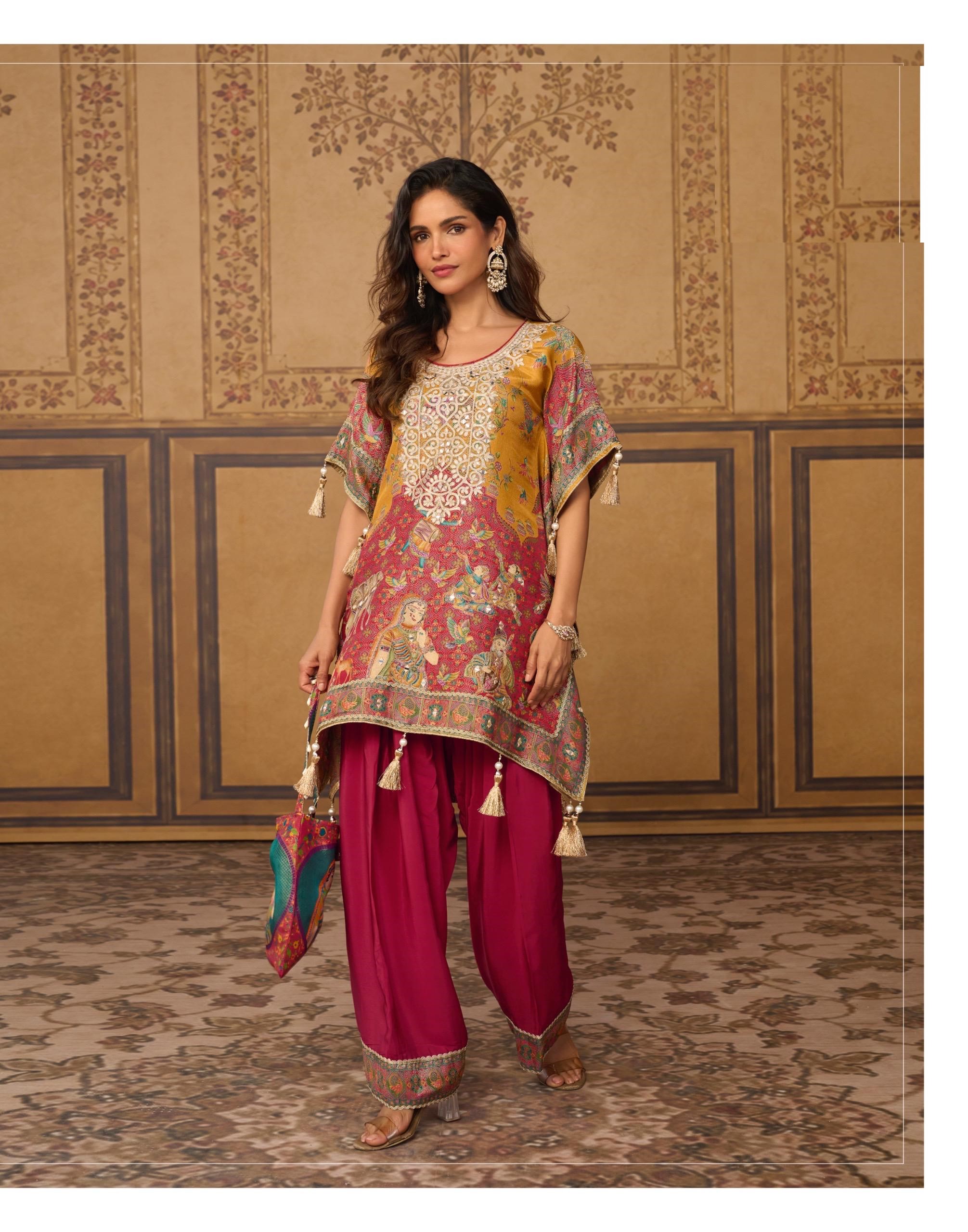 Viscose Jacquard Silk Mirror Work Kaftan With Farsi Pant And Stylish Potli 20111 - Image 5