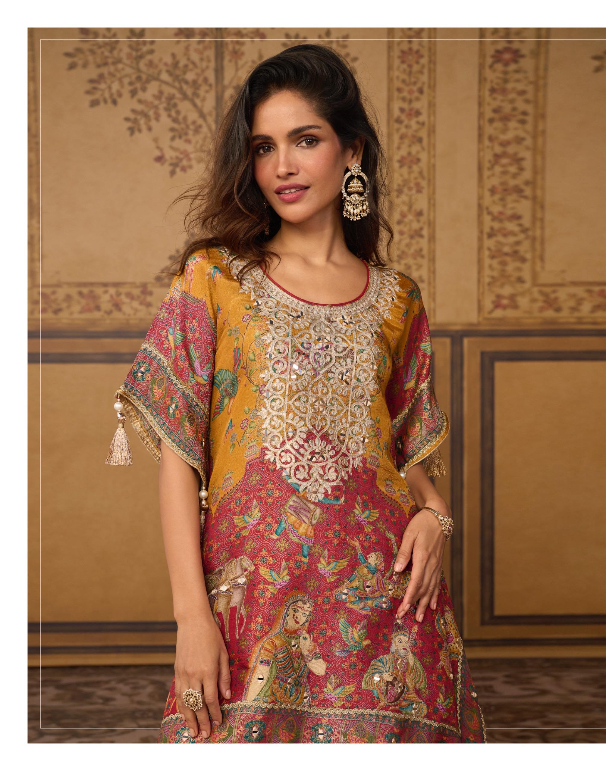 Viscose Jacquard Silk Mirror Work Kaftan With Farsi Pant And Stylish Potli 20111 - Image 6