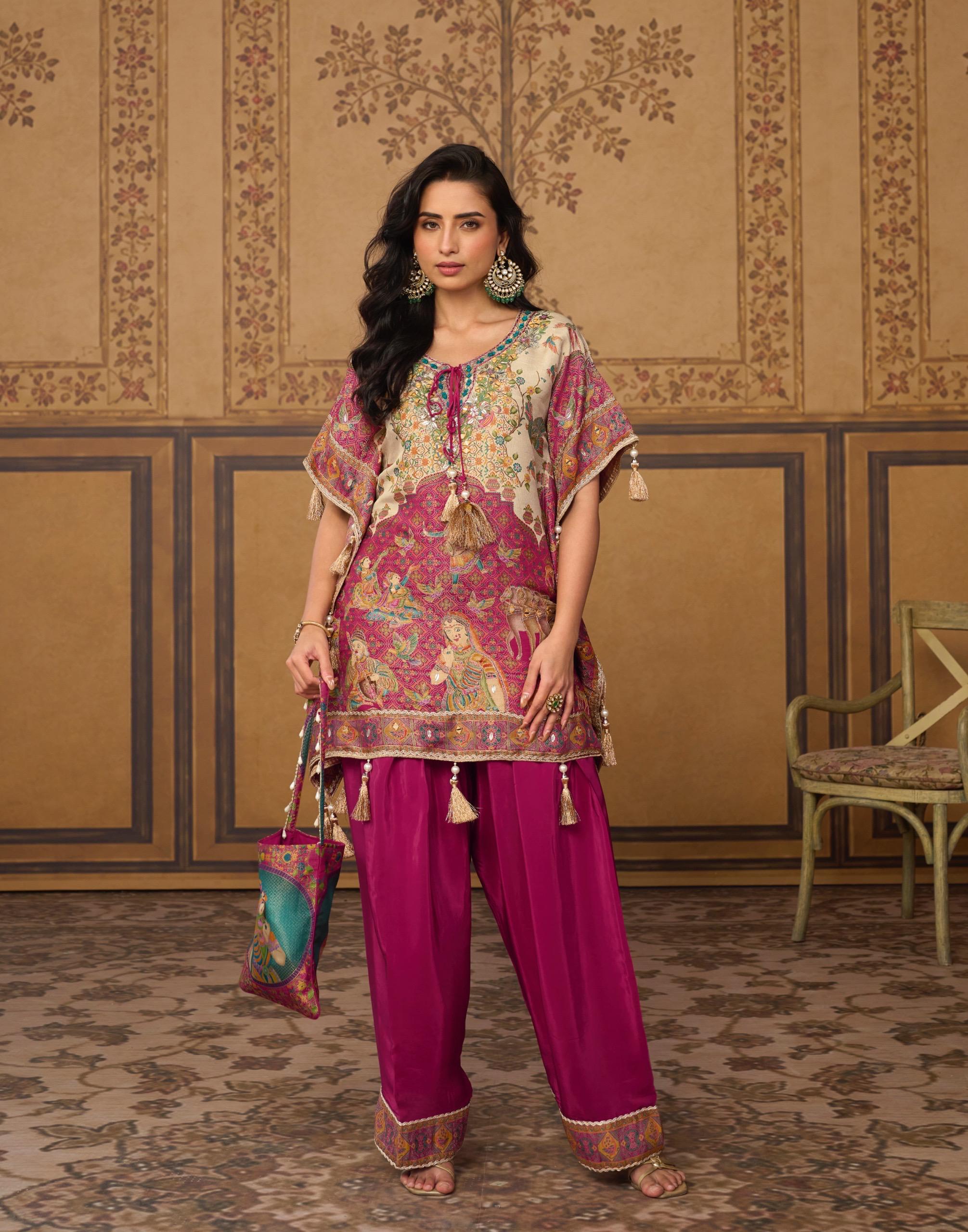Viscose Jacquard Silk Mirror Work Kaftan With Farsi Pant And Stylish Potli 20111 - Image 7
