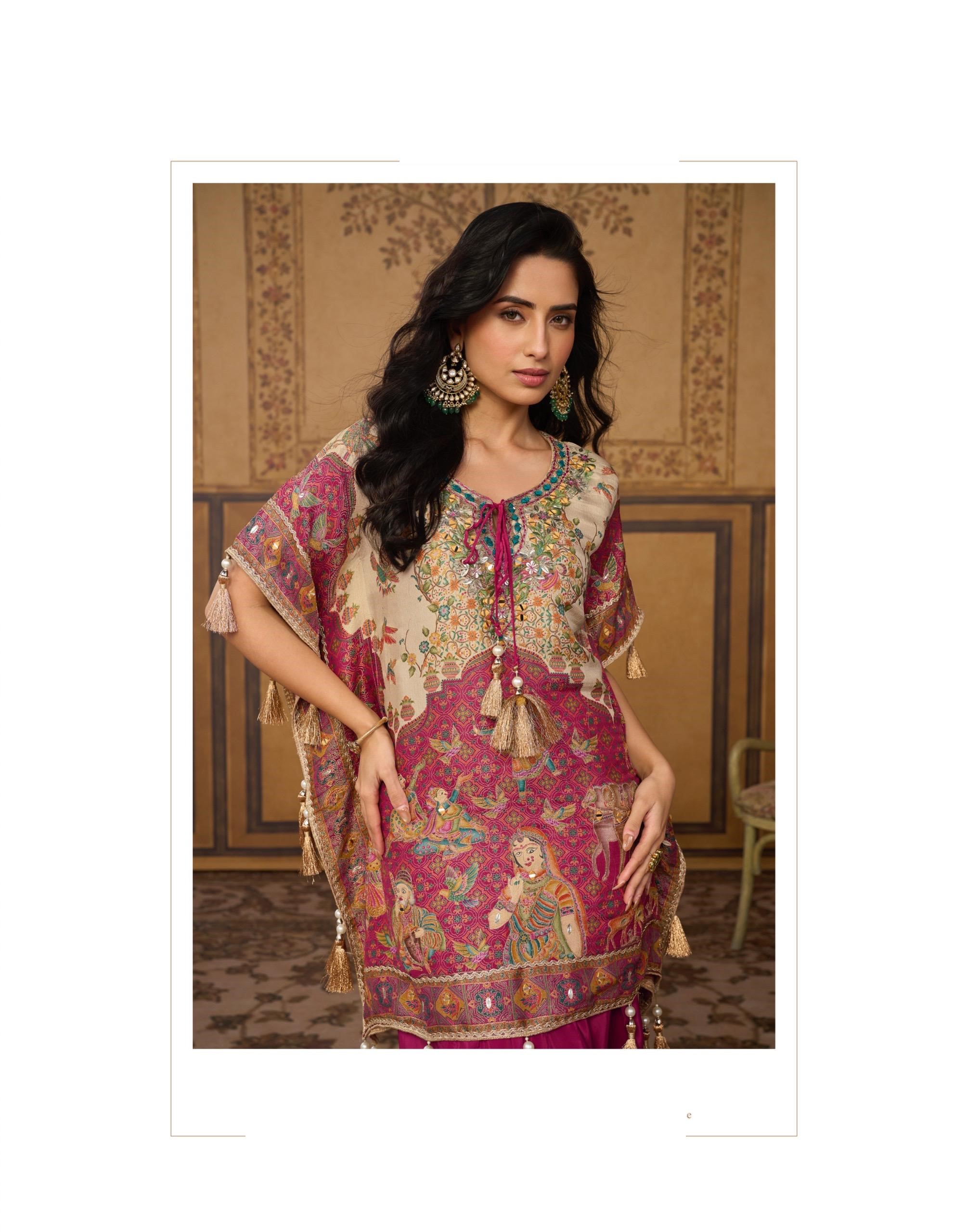 Viscose Jacquard Silk Mirror Work Kaftan With Farsi Pant And Stylish Potli 20111 - Image 8
