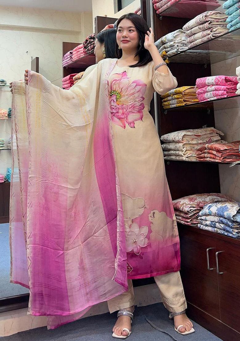 Party Wear Baby Pink White Hand Work Organza Silk Floral Suit 2012 Aarshi Fashions