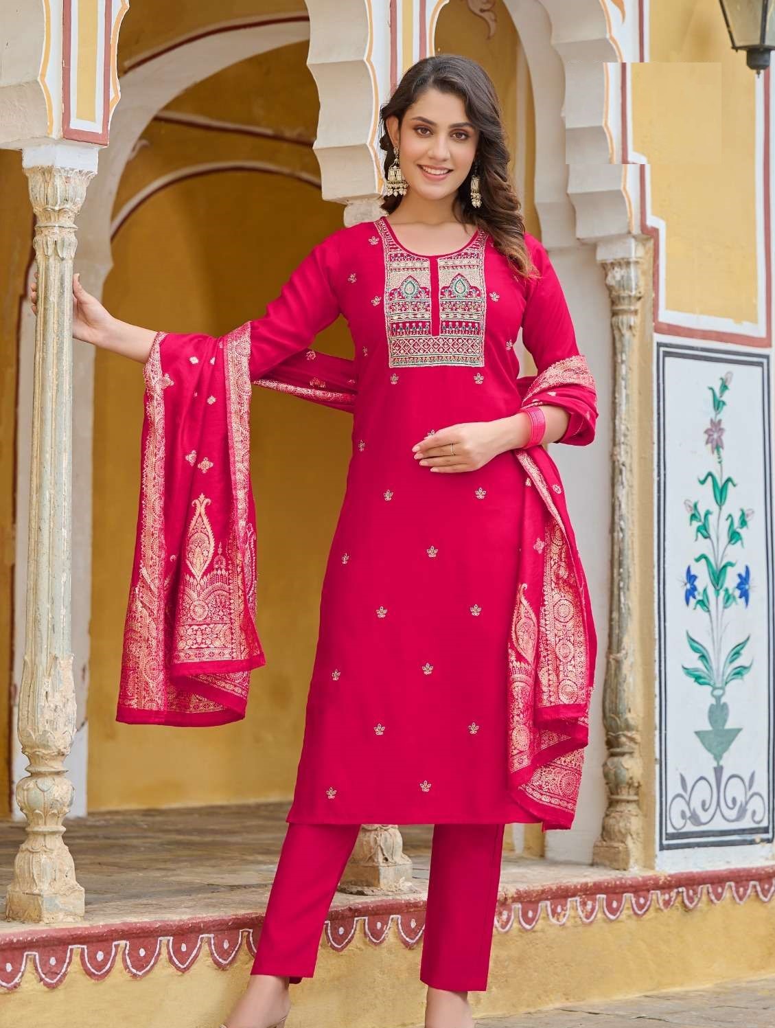 Pink silk churidar suit