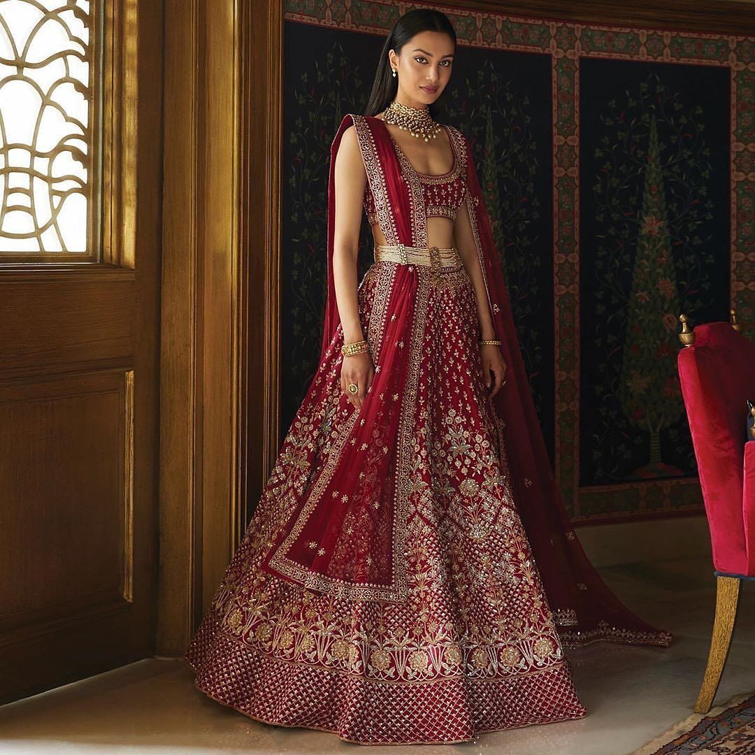 Bridal, Wedding Red and Maroon color Velvet fabric Lehenga : 1897873