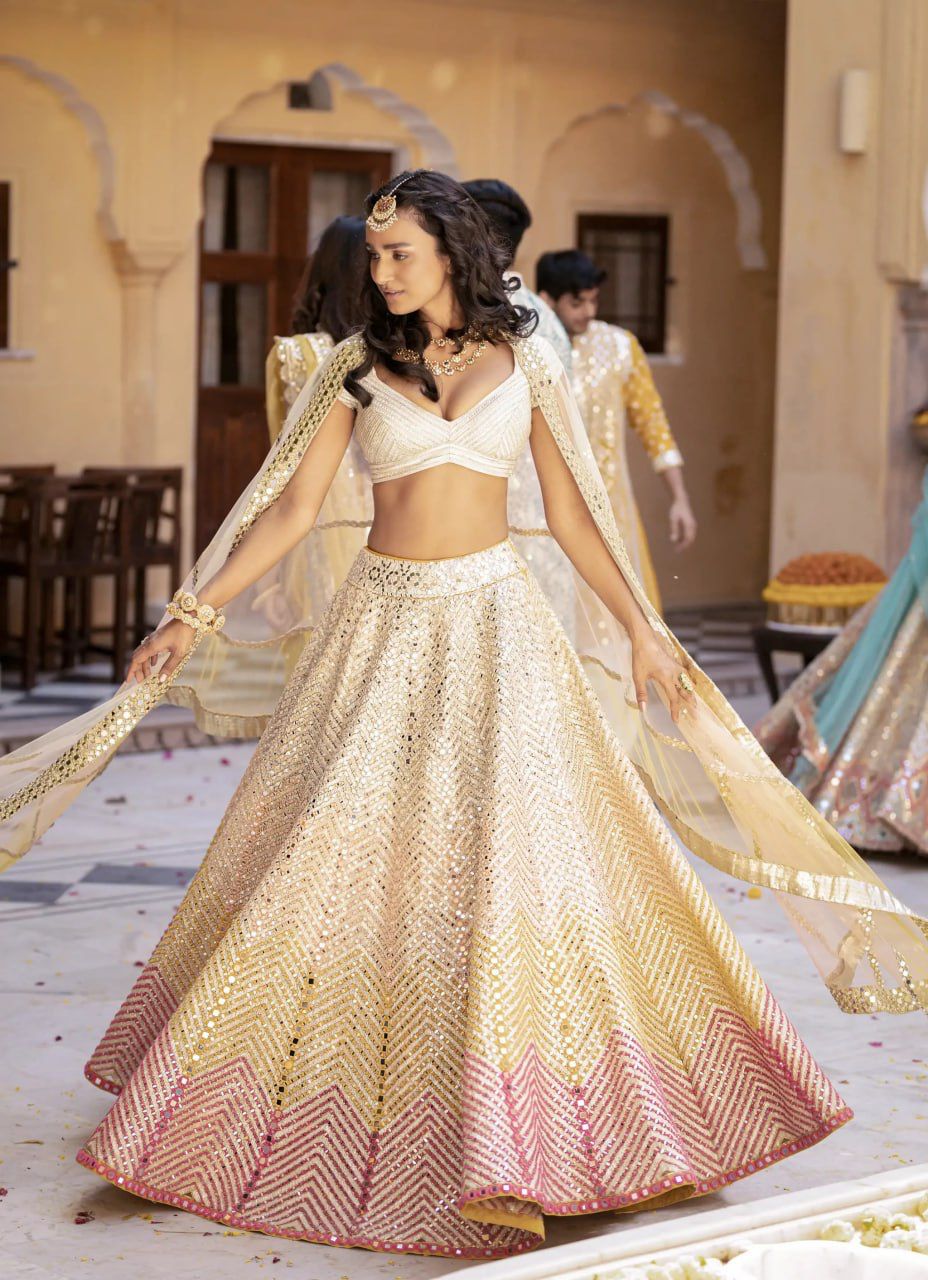 Golden Printed Kota Silk Lehenga in Off White : LJN1515